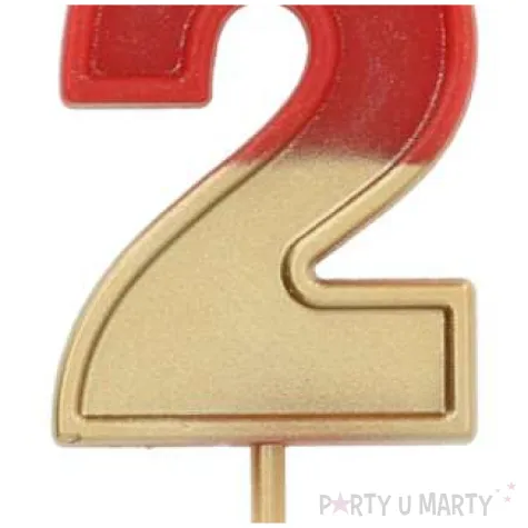 swieczka na tort cyfra 2 zloto czerwona folat 5 cm