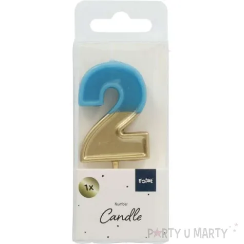 swieczka na tort cyfra 2 zloto niebieska folat 5 cm