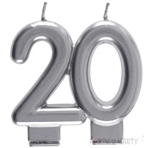 swieczka na tort cyfra 20 srebrna santex 9 cm