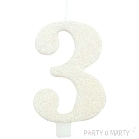 swieczka na tort cyfra 3 biala brokatowa givi 9 5 cm
