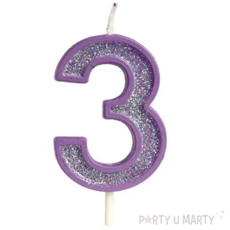 swieczka na tort cyfra 3 brokat fioletowa guirca 4 cm