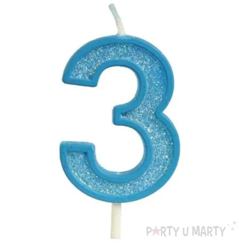 swieczka na tort cyfra 3 brokat niebieska guirca 4 cm