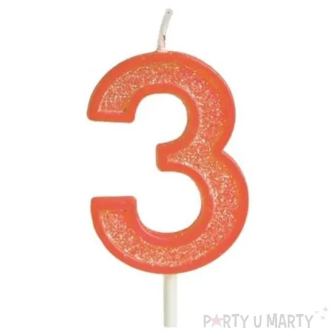 swieczka na tort cyfra 3 brokat pomaranczowa guirca 4 cm