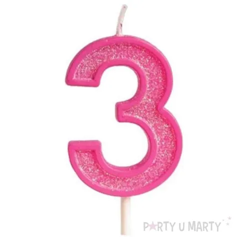 swieczka na tort cyfra 3 brokat rozowa guirca 4 cm