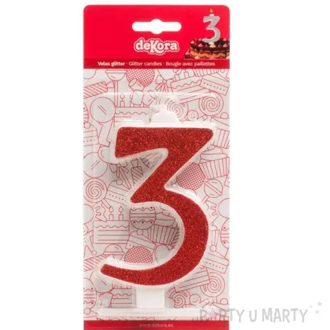 swieczka na tort cyfra 3 czerwona brokatowa dekora