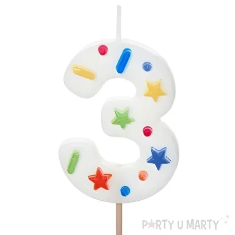 swieczka na tort cyfra 3 konfetti bialy partydeco 10 cm