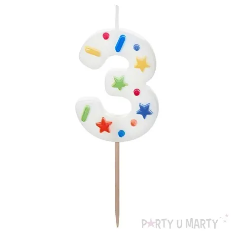 swieczka na tort cyfra 3 konfetti bialy partydeco 10 cm
