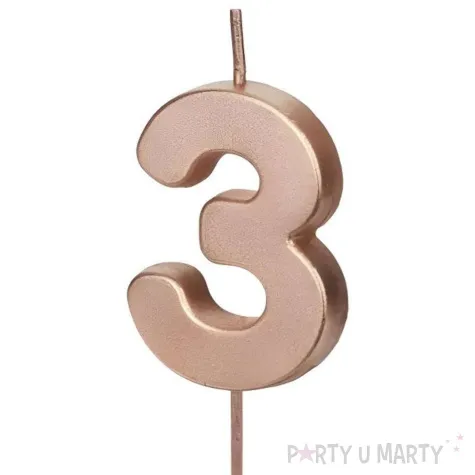 swieczka na tort cyfra 3 rose gold partydeco 9 cm