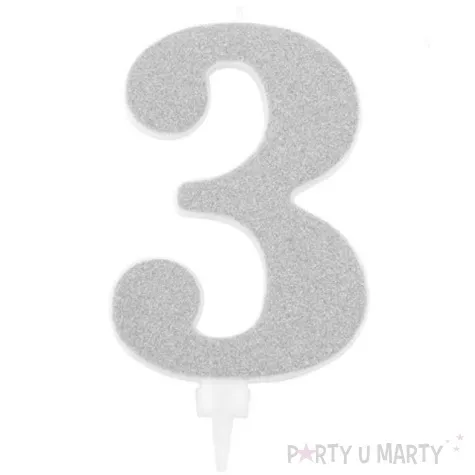 swieczka na tort cyfra 3 srebrna brokatowa givi 15 5 cm