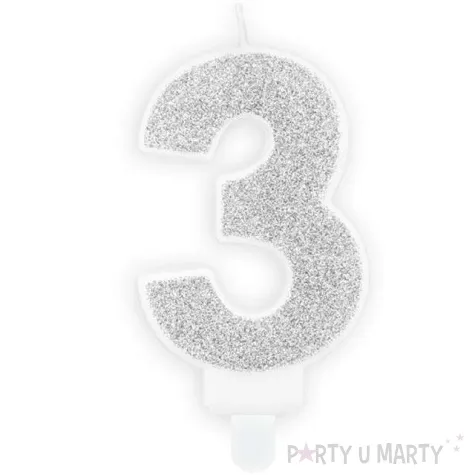 swieczka na tort cyfra 3 srebrna brokatowa partydeco 7 cm