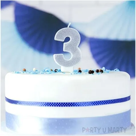 swieczka na tort cyfra 3 srebrna brokatowa partydeco 7 cm