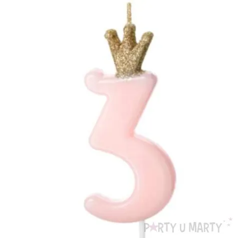 swieczka na tort cyfra 3 w koronie rozowa jasna partydeco 9 5 cm