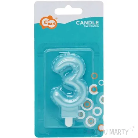 swieczka na tort cyfra 3 wypustki niebieska jasna perlowa godan 7 cm