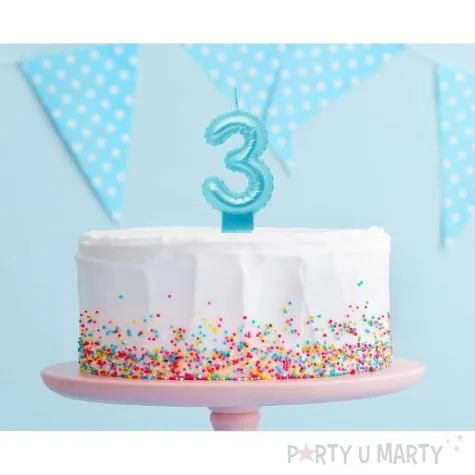 swieczka na tort cyfra 3 wypustki niebieska jasna perlowa godan 7 cm
