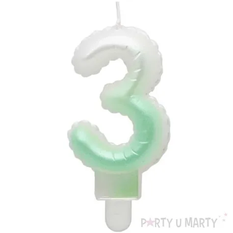 swieczka na tort cyfra 3 wypustki ombre bialo zielona perlowa godan 7 cm