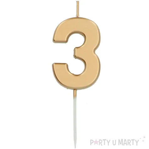 swieczka na tort cyfra 3 zloty folat 8 cm