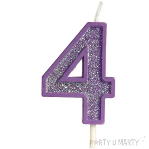 swieczka na tort cyfra 4 brokat fioletowa guirca 4 cm
