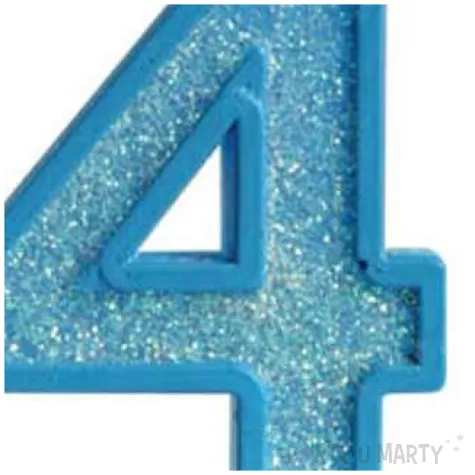 swieczka na tort cyfra 4 brokat niebieska guirca 4 cm