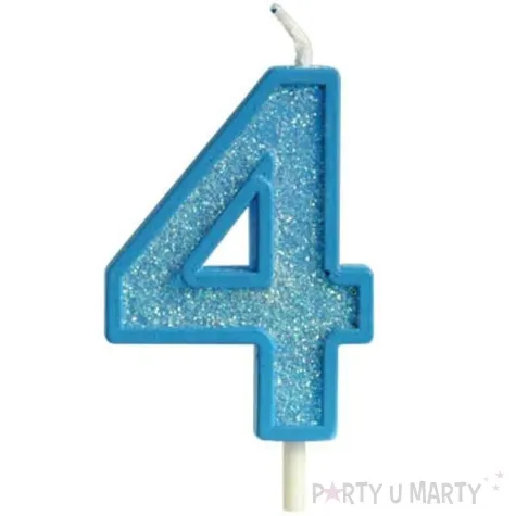 swieczka na tort cyfra 4 brokat niebieska guirca 4 cm