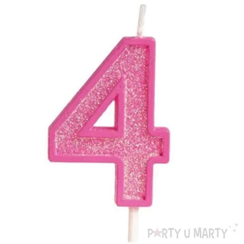 swieczka na tort cyfra 4 brokat rozowa guirca 4 cm
