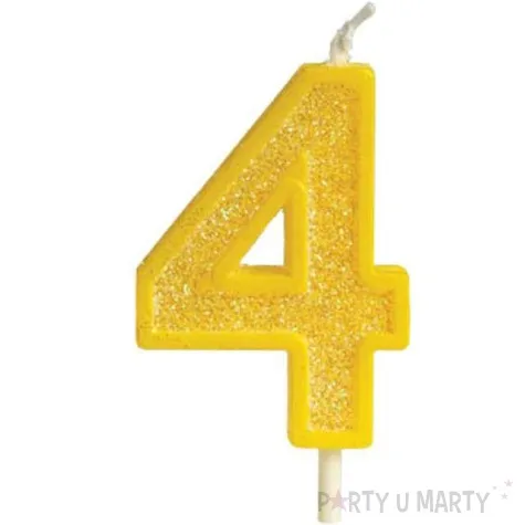 swieczka na tort cyfra 4 brokat zolta guirca 4 cm