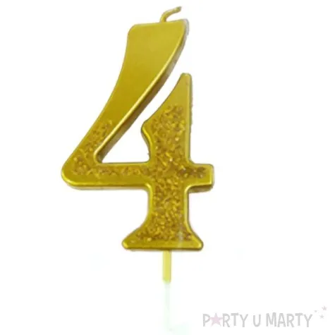 swieczka na tort cyfra 4 brokatowa zlota jix 12 cm