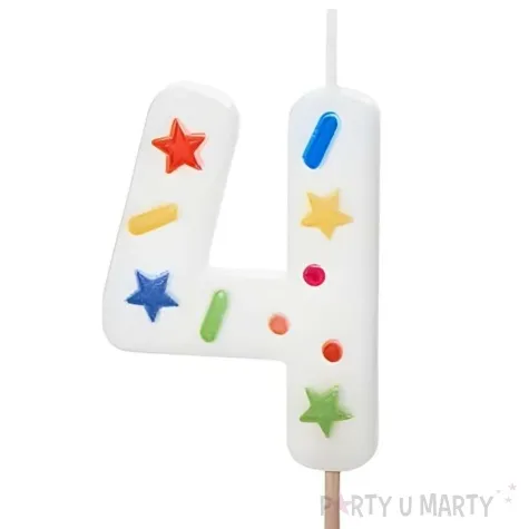 swieczka na tort cyfra 4 konfetti bialy partydeco 10 cm