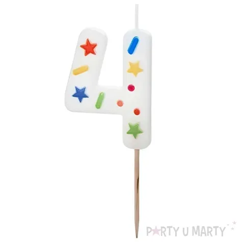 swieczka na tort cyfra 4 konfetti bialy partydeco 10 cm