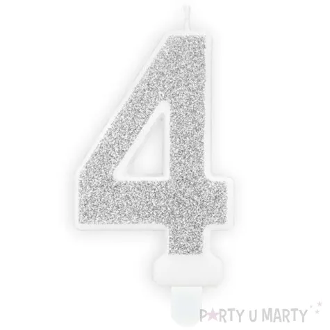 swieczka na tort cyfra 4 srebrna brokatowa partydeco 7 cm