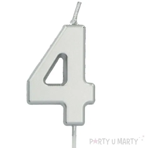 swieczka na tort cyfra 4 srebrna folat 8 cm