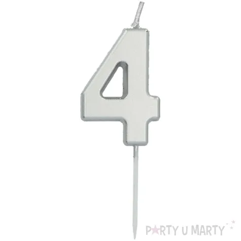 swieczka na tort cyfra 4 srebrna folat 8 cm