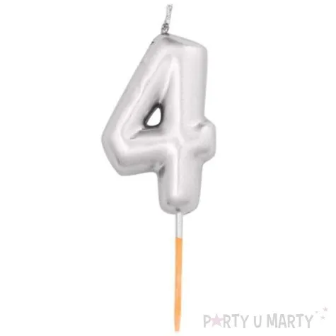swieczka na tort cyfra 4 srebrny metalik givi 8 cm