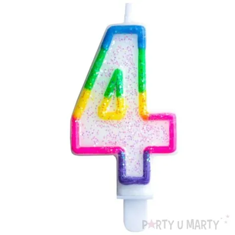 swieczka na tort cyfra 4 teczowa brokatowa kraszek 7 cm