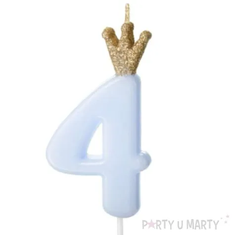 swieczka na tort cyfra 4 w koronie blekitna partydeco 9 5 cm