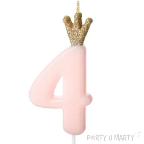 swieczka na tort cyfra 4 w koronie rozowa jasna partydeco 9 5 cm