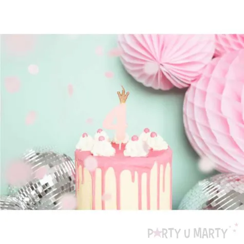 swieczka na tort cyfra 4 w koronie rozowa jasna partydeco 9 5 cm