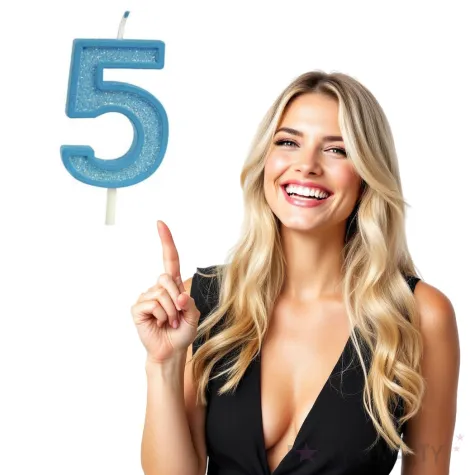 swieczka na tort cyfra 5 brokat niebieska guirca 4 cm