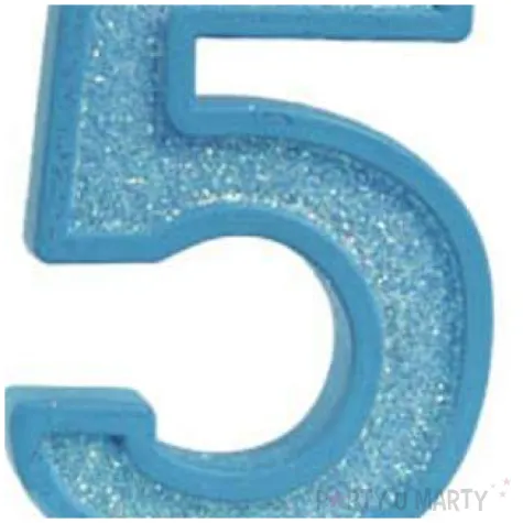 swieczka na tort cyfra 5 brokat niebieska guirca 4 cm