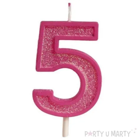 swieczka na tort cyfra 5 brokat rozowa guirca 4 cm