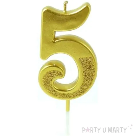 swieczka na tort cyfra 5 brokatowa zlota jix 12 cm