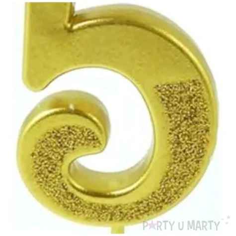 swieczka na tort cyfra 5 brokatowa zlota jix 12 cm