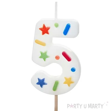 swieczka na tort cyfra 5 konfetti bialy partydeco 10 cm