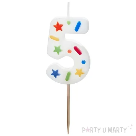 swieczka na tort cyfra 5 konfetti bialy partydeco 10 cm