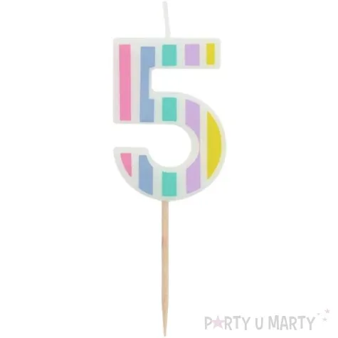swieczka na tort cyfra 5 pastelowe paski mix folat 5 cm