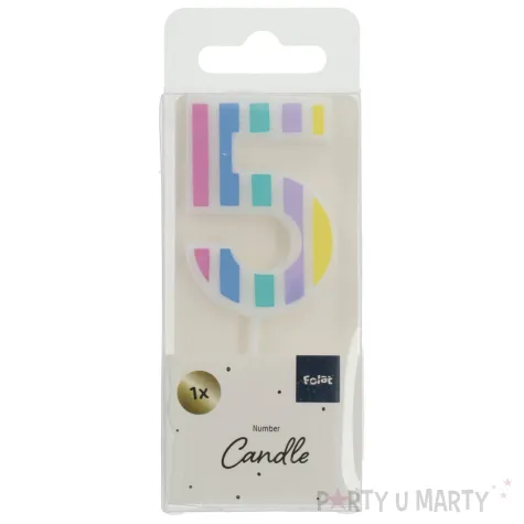 swieczka na tort cyfra 5 pastelowe paski mix folat 5 cm