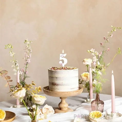 swieczka na tort cyfra 5 platki kwiatow bialy partydeco 8 cm