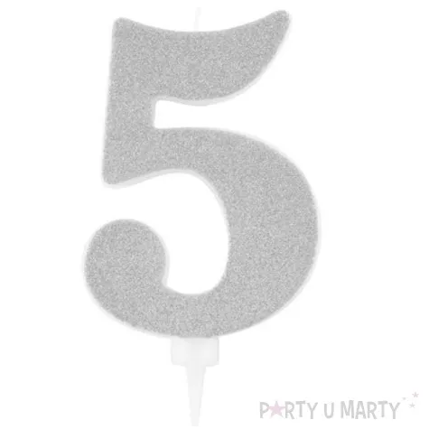 swieczka na tort cyfra 5 srebrna brokatowa givi 15 5 cm