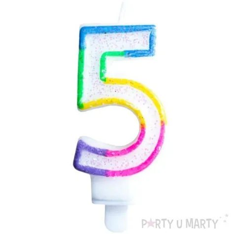 swieczka na tort cyfra 5 teczowa brokatowa kraszek 7 cm