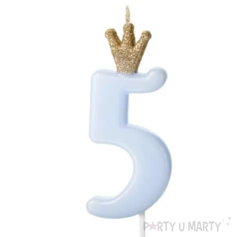 swieczka na tort cyfra 5 w koronie blekitna partydeco 9 5 cm