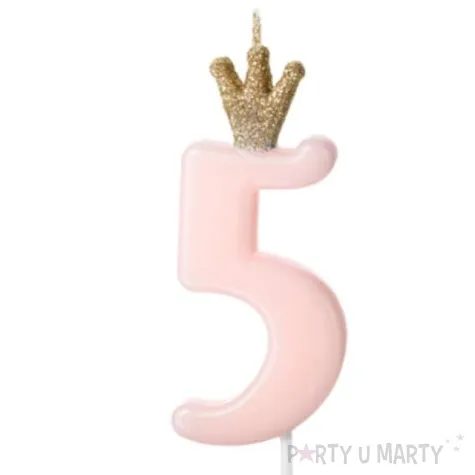 swieczka na tort cyfra 5 w koronie rozowa jasna partydeco 9 5 cm